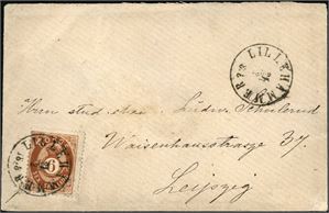 20. 6 skilling posthiorn på konvolutt til Leipzig, stemplet "Lillehammer 21.2.1878. Ankomststemplet på baksiden.