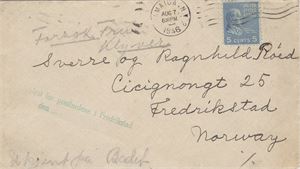 Østfold Brev fra USA 1946  til Fredrikstad.  Påstemplet i blått  "Opplest for postbudene i Fredrikstad"