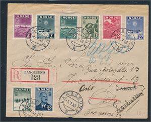 Nk 331-38 på brev stemplet "LANGESUND 5-7-45". Dette var første dagen da merkene var til salgs i Langesund