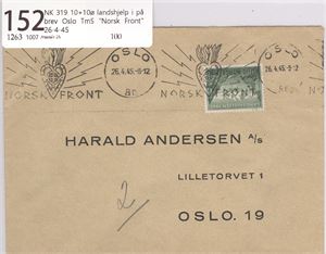NK 319 10+10ø landshjelp i på brev Oslo TmS "Norsk Front" 26-4-45