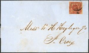 1 C. DWI. 3 cent with brown glue on letter, cancelled with a stub postmark, and sent to St. Croix 12th. April 1864. A wide margin at the right side, the others are touching or cut into. Ex. K. Klugman. Cert. E. Paaskesen.
