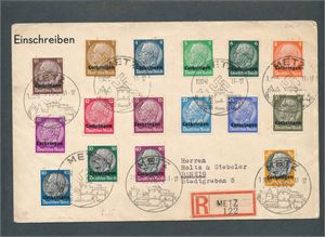 TYSK OKK. LOTHRINGEN Brev med Mi 1-16 stemplet "METZ 10.10.40". Ankomststemplet "DANZIG" dagen etter