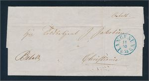 Betalt brev med blått "LANGESUND 11-10-1853". Arkivbretter, vanskelig objekt