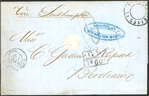 Complete letter, from Venezuela to Bordeaux, with "La Guaira" postmark on fron together with "GB 1F 60c", "Angl. Amb. Calais 28 Fevr 70" and french postagenumber "10" (Decimes). On reverse postmarks from "London" and "Bordeaux 1 Nars 70".