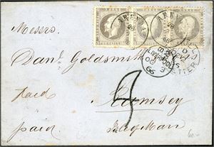 3. 9 skillings porto til Isle of Man. 3 skilling Oscar i horisontal trestripe på stor del av brevomslag til Ramsey, stemplet "Arendal 28.9.1866" samt "Hull Ship-Letter" og "Liverpool". Ved siden påstemplet portotall "4" og på baksiden ankomststemplet "Ramsey Oc 4 66". Noen små rustflekker på noen tagger.