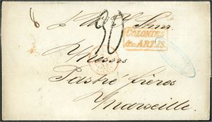 A complete letter from Puerto Cabello to Marseille, with "Colonies &c Art.13" and "Ang. Calais 2 Avr 54" on front together with a French postage number "30" (Decimes). On reverse "Porto-Cabello Mar 10 1854", a red "AX 1 AP 1 1854" and arrival cds "Marseille".