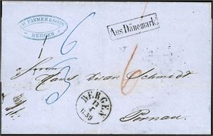 Ubetalt brevomslag, stemplet "Bergen 13.4.1859" og "Aus Dänemark" og sendt til Pernau, Russland. Baksiden med to ulike stempler fra Hamburg, samt to russiske stempler. Portoen på 32 sk ble gjort om til 39 1/4 Kopek ved ankomst.