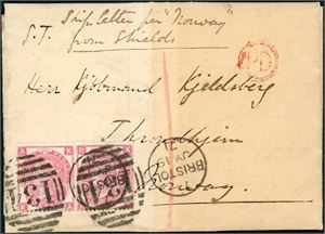 103. GB. Two 3d Victoria in entire , cancelled "134 Bristol Jy 19 71" and sent to Tronhjem. Handwritten manuscript "Shipletter per "Norway" from Shields". On reverse two postmarks: "Blacdon Som Jy 19 71" and "Newcastle-on-Tyne E Jy 21 71".