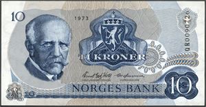 10 kroner 1973, serie QR 0090726. Erstatningsseddel. 0
