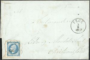 4. 4 skilling Oscar på komplett brev, stemplet "Fede 3.8.1862" (VA, 6 pkt) og sendt til Christianssand.