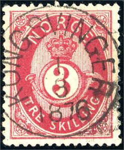 18. 3 skilling Posthorn, fullstemplet "Kongsvinger 1.3.1876".
