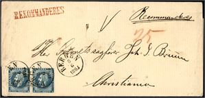 4 b. 8 skillings innenlandsporto. 4 skilling Oscar i horisontalt par på rekommandert brev, stemplet "Bergen 8.6.1863".