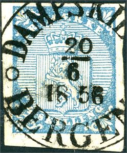 1. 4 skilling våpen 1855, anert med et rettvendt "Dampskibet Bergen 20.6.1856". To meget gode marger, normal i høyre side og litt smal oppe.
