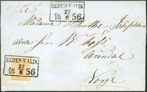 4 b. 8 skillings porto til Norge. 8 skill B:co på brevomslag til Arendal, pent stemplet "Neder-Kalix 27.6.1856". Attest F. Obermüller.