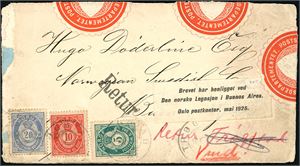 52 IIb,53 IIIc,54 IIa. 35 øres porto til Argentina. 5 øre-, 10 øre- og 20 øre 20 mm på kovolutt til Buenos Aires, stemplet "Trøgstad 8.12.89". Konvolutten er først påsatt etiketten "Brevet har henligget ved Den norske Legasjon i Buenos Aires. Oslo postkontor, mai 1925" og stemplet "Retur" ved siden. I Norge er brevet åpnet for å finne riktig person, lukket med tre oblater "Handelsdepartementer, Poststyrelsen". Baksiden har en rekke ulike stempler, bl.a. "Som ubesørget aapnet i Poststyrelsen", "Comitionen for Behandling av ubesørgede og Uindløste Postsaker:" samt ankomsstempel "Oslo 11.3.25". Brevet er påført en blå etikett "Fra kommisjonene for behandling av ubesørgede og uinnløste postsaker" (som har løsnet fra brevet)med forespørsel om noen kan finne riktig adresse. Baksiden er da påskrevet "Avsender er adressatens bror Otto" og stemplet "Tønsberg 5.6.25".