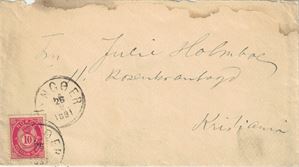 LYNGØER, 10 øre 20mm på brev sendt i 1891 til kristiania. Kvalitetsanmerkninger på konvolutten.
