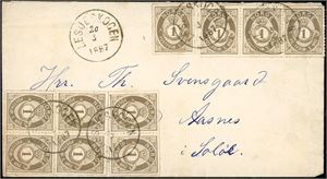 22. Ti stk 1 øre skravert Posthorn på konvolutt, stemplet "Lesjeskogen 20.3.1887" (OP). Et merke med rundt hjørne, sees lite.