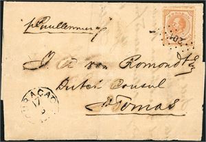 One 25 cent Curacau on envelope to St. Thomas, cancelled "Curacau 17.3.1882". Arrival postmark "St.Thomas 25.3.1882" at reverse. Some remarks as holes because the ink.