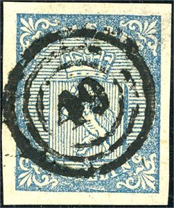 1. 4 skilling våpen 1855, anert med nummerstempel "49" (Drøbak, AK). Normale marger.