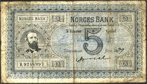 5 kroner 1899, serie D.9248997. Skitten og flere litt harde bretter. 2