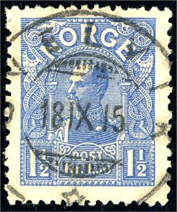 90. 1 1/2 kr Haakon 1907, rettvendt stemplet "Svelvik 18.9.15".