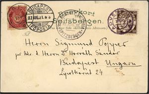 77,Spitsbergen nr 1. 10 øre posthorn på postkort, stemplet "Tromsø 13.8.97" og ved siden påsatt et 10 øre Spitsbergenmerke, stemplet "Advent Bay 1896". Kortet er også stemplet "S.S. Auguste Victoria Spitzbergen 10. Aug. 97" og ved ankomst "Budapest".