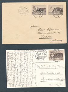 Nk 181, 15øre Nordkapp I x2 på brev til Sveits 1931 og 1 merke på kort til Oslo 1939