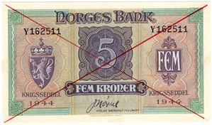 5 kroner 1944 London utgaven med kryss. Kv.0