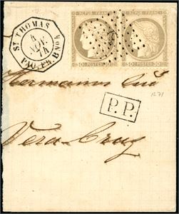 Two French 30 c grey Ceres on a part of a letter, cancelled with Ancor and dots and "St. Thomas Paq Fr. B No 44 Nov. 74" cds at side.