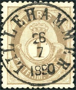 22. 1 øre skravert Posthorn, vakkert fullstemplet "Lillehammer 26.7.1890".