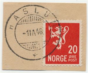 Hjelpestempel HASLUM (AK) HJ-SL 1 IV (eller VI) 46 på klipp med NK 246. NB! Månedstall opp/ned! Ikke reg. hos Aspaker.