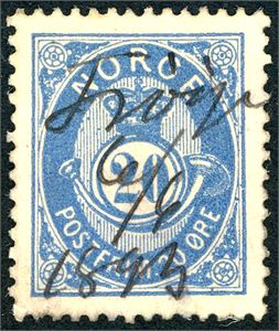 54 V. 20 øre 20 mm, anert med håndskrevet stedsnavn "Juvig 6/6 1893".