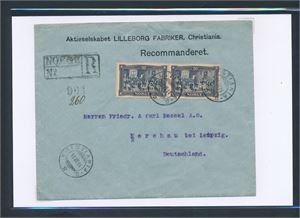 Rekbrev med Nk 116 x2 stemplet "KRISTIANIA 18 VII 14" til Nerchau bei Leipzig, Tyskland. Logo: Lilleborg Fabriker.