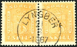 6. 2 skill i et horisontalt fargefriskt par, pent stemplet "Lyngøer 21.3.1867".
