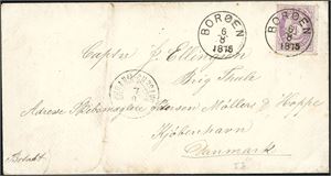 19 II. 4 skilling Posthorn på konvolutt til Danmark, pent stemplet "Borøen 6.8.1875" og ved siden dampskipsstempel "Chrania-Chrsand 7.8.1876". Ankomststempel "Kjøbenhavn" på baksiden. Noen anmerkninger, men likevel et pent objekt.