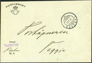 Postverketskonvolutt (Postsak Nr. 8), med hjelpestempel "Farsund 24.1.33".