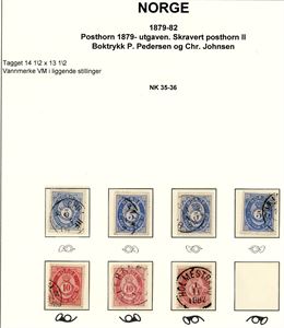 35-48. Samling vannmerkestillinger på posthonmerker 1879-1884 og 21 mm. Bl.a. en  5 øre 21 mm med stående vannmerke.