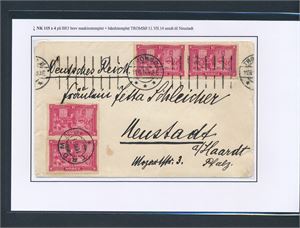 Brev med Nk 115 x4 maskinstemplet "TROMSØ 11 VII 14 4-8 E" til Neustadt a/Haardt, Tyskland