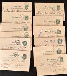 CHRISTIANIA-BERGEN på 5øres brevkort 1896-97. Flere forskjellige litera. Utrop 150 på en annen auksjon