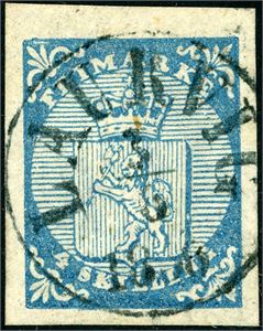 1. 4 skilling våpen 1855 i fin "melkeblå" nyanse, pent stemplet "Laurvig 3.6.1856". Meget gode marger.
