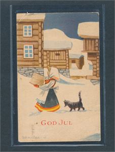 KUNSTNERKORT-AUKRUST Jente og katt på gårdstun (Mittet serie N 2736). Liten hjørnebrekk, brukt 1949