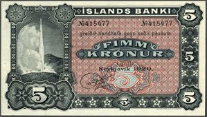 Island. 5 Kronur 1920, Nr.415477. Blankett.