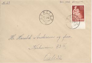 NK 329 20ø Landshjelp II på brev pent stemplet Brøttum 13-3-45