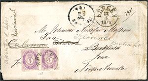 19 II. 8 skillings porto til USA. 4 skilling Posthorn i horisontalt par på konvolutt til Iowa, stemplet "Bergen 12.5.1876". Brevet er vidresendt innen Amerika, før det på baksiden ble stemplet "Dead Letter Office oct 21 1876" samt ankomststempel i Norge "Bergen 5.1.1877".