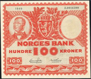 100 kroner 1949, serie Z.0016399. Erstatningsseddel. 1
