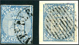 1. To 4 skilling våpen 1855, den ene med variant "Sprukken plate" og det andre med "Oppgravert hjørne". Begge med meget smale marger.