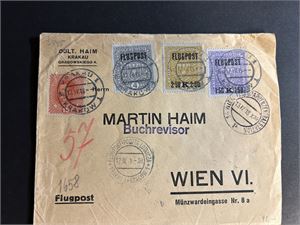 ØSTERRIKE Luftpostbrev stemplet "KRAKAU 12-IV-18" til Wien. Ankomst dagen derpå og "FLUGPOST WIEN 1" bak. Bør være sjeldent