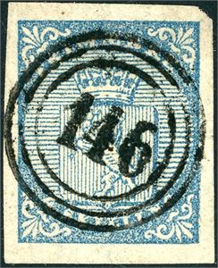 1. 4 skilling våpen 1855, anert med nummerstempel "146" (Karlsø, TR, 8 pkt). Gode marger.