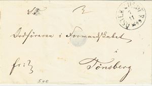 PREFRIM Øster Risøer stemplet 7-11-1849 i svart, sendt Tønsberg. Betalt.