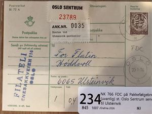 NK 766 FDC på Pakkefølgebrev (uvanlig) st. Oslo Sentrum sendt til Ulsteinvik